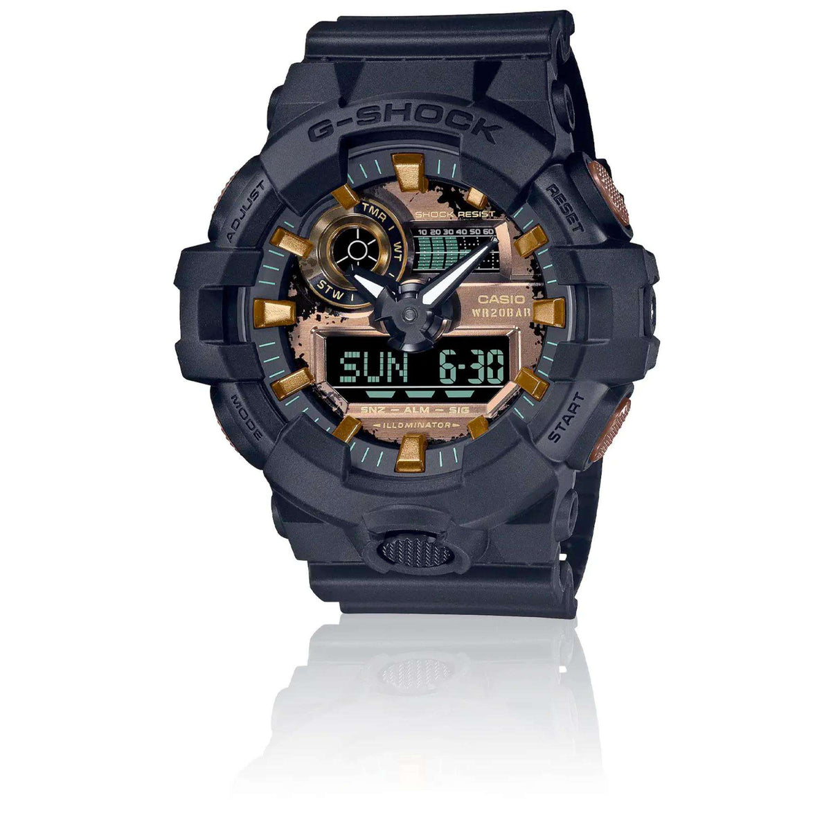 Men's black G-SHOCK digital sport watch with gold bezel, resin strap, display shows Sun 8:30.