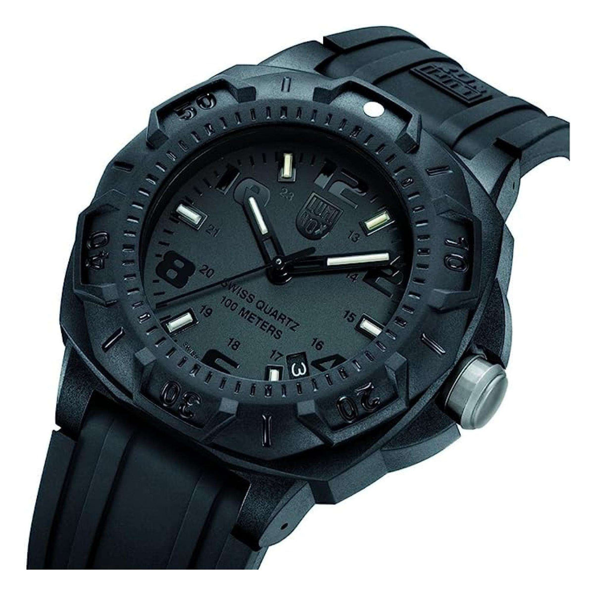 Men's black dial sports watch close-up showing quartz text and 100 meters