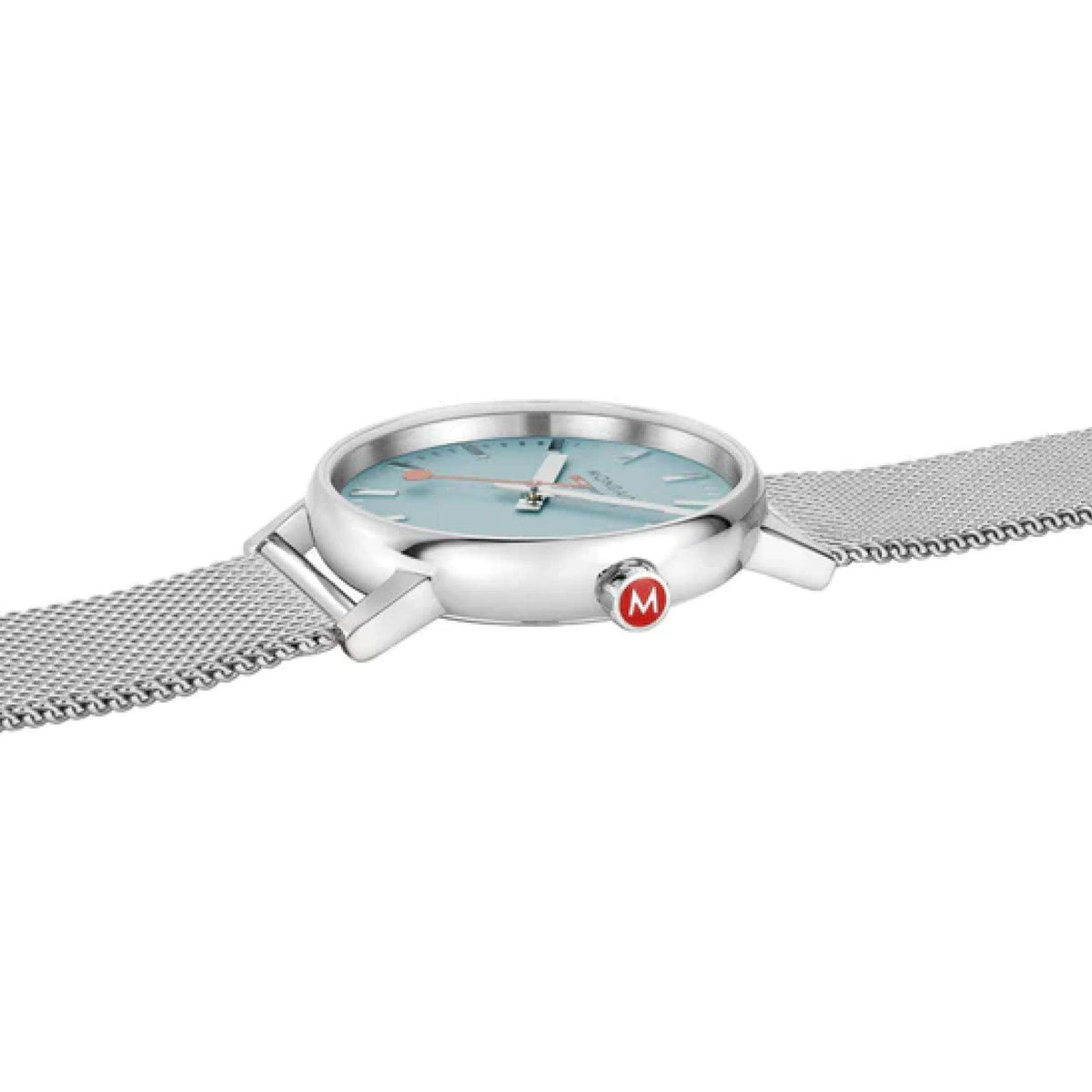 Mondaine Evo2 watch with turquoise dial, silver case, steel mesh strap, round crown