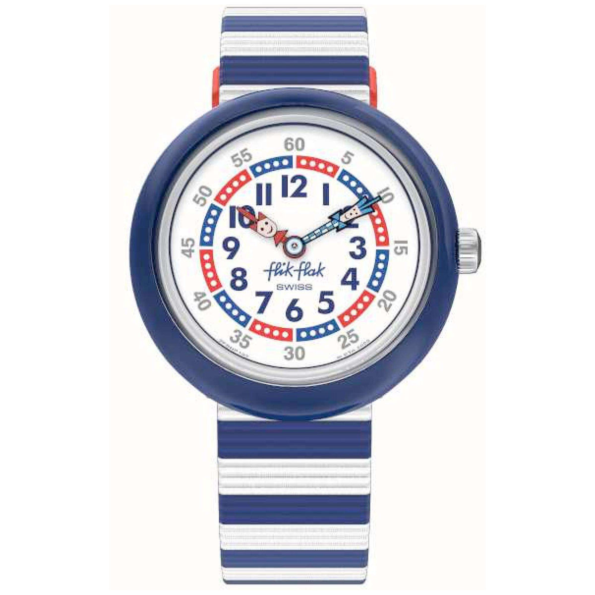 Kids navy and white striped watch with round blue bezel, white dial and red-blue numbers