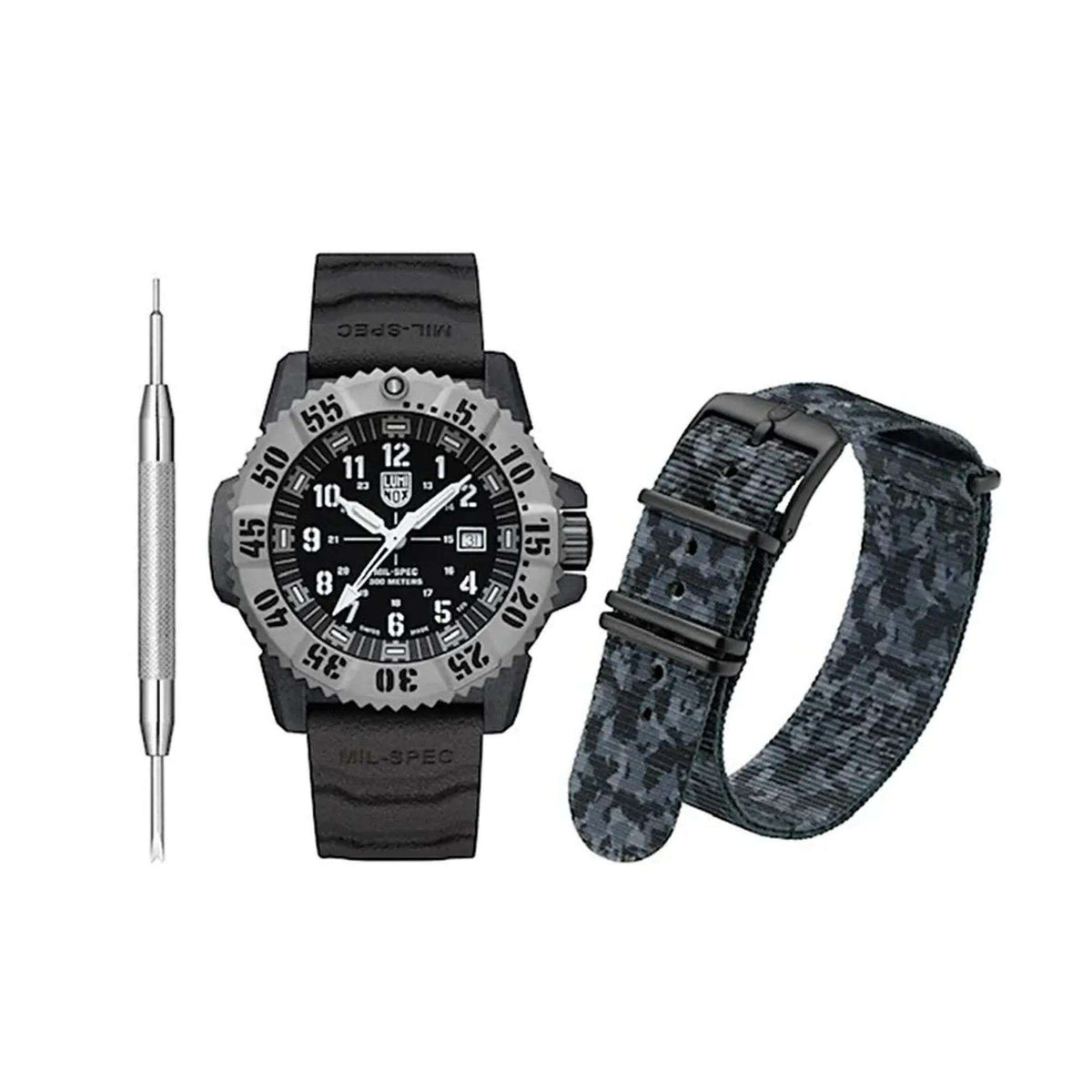 Luminox MIL-SPEC quartz watch with black dial, rubber strap, and tool