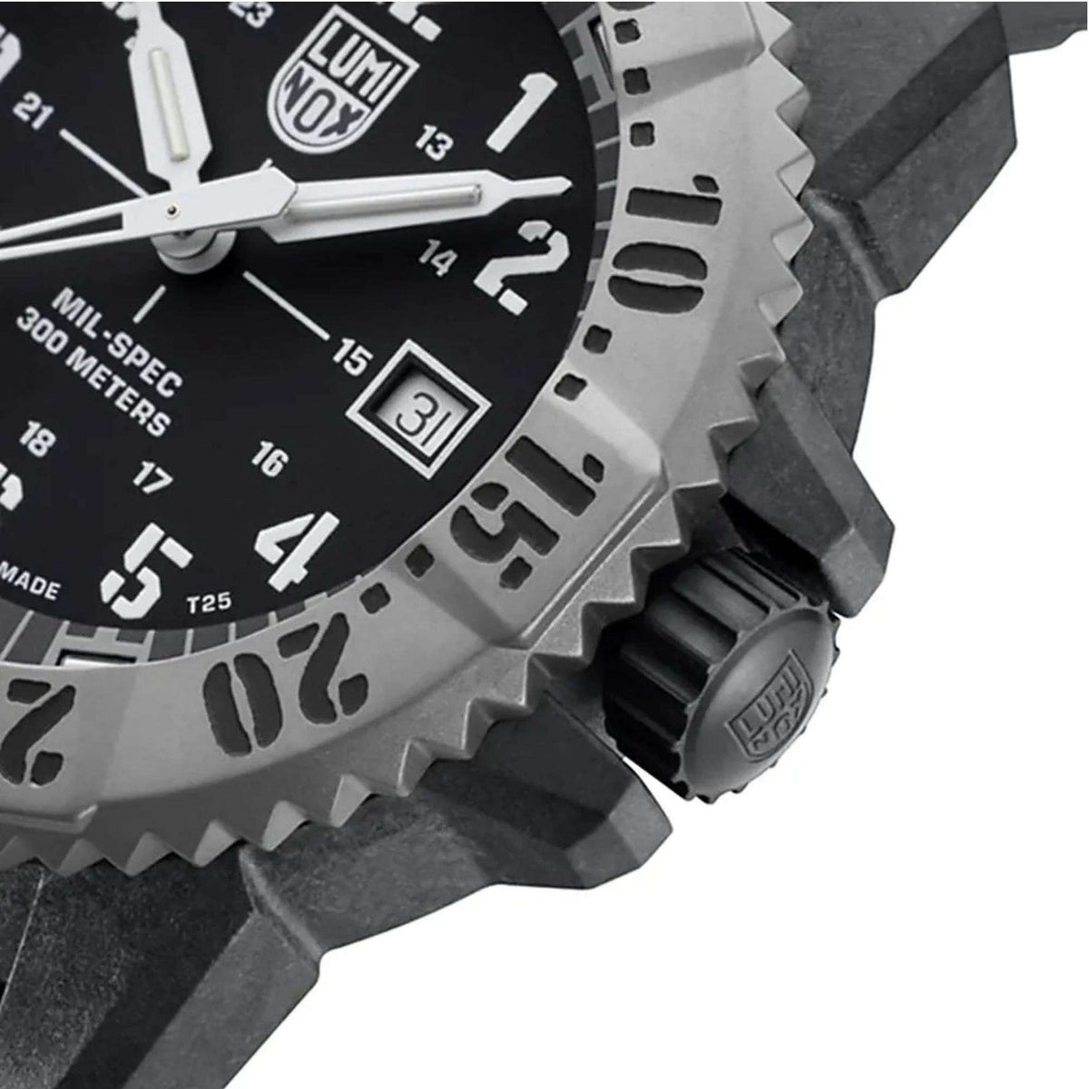 Luminox MIL-SPEC quartz watch close-up of rugged bezel and crown