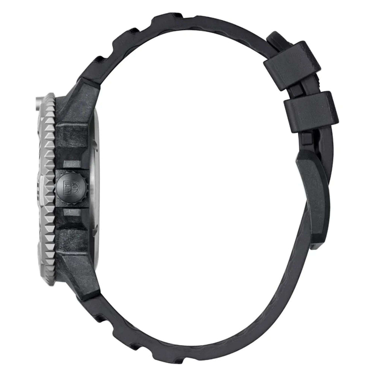 Luminox MIL-SPEC quartz watch side view with black rubber strap and rugged case