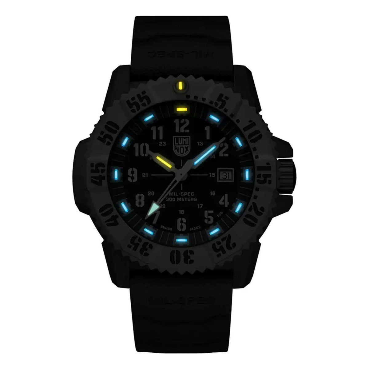 Luminox MIL-SPEC 46mm quartz watch with glowing blue hands and black dial