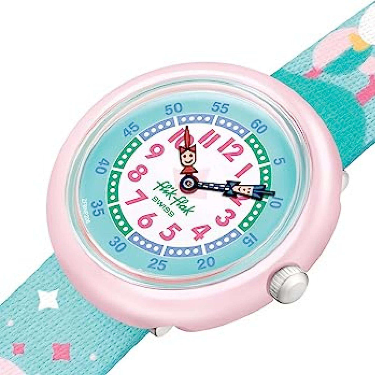 Kids analog wristwatch with pink bezel and teal fabric strap, colorful rainbow dial
