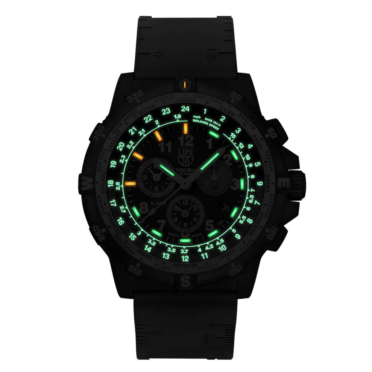 Men's Luminox chronograph watch with green illuminated dial, black silicone strap.