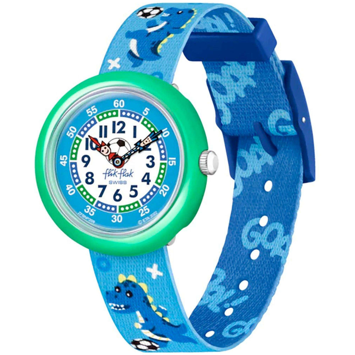 Flik Flak kids sport watch showing blue strap with dinosaur and soccer prints