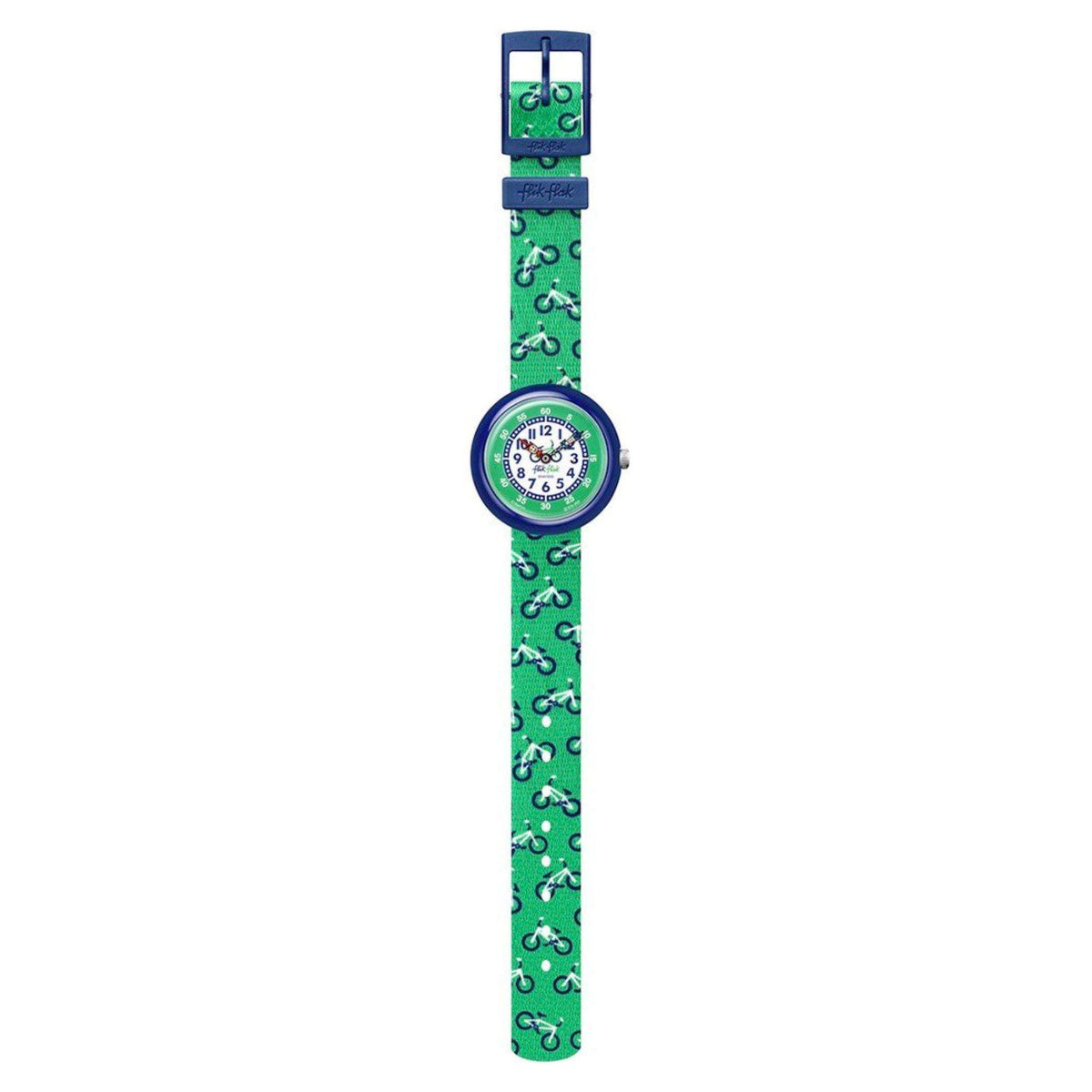 Flik Flak kids watch with green bicycle-pattern strap, clasp top, round blue face