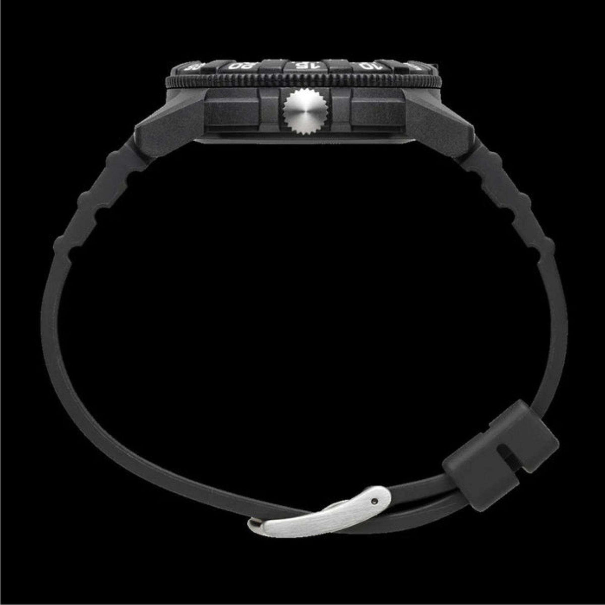 Men's black dial watch with textured bezel, raised crown, and dark rubber strap