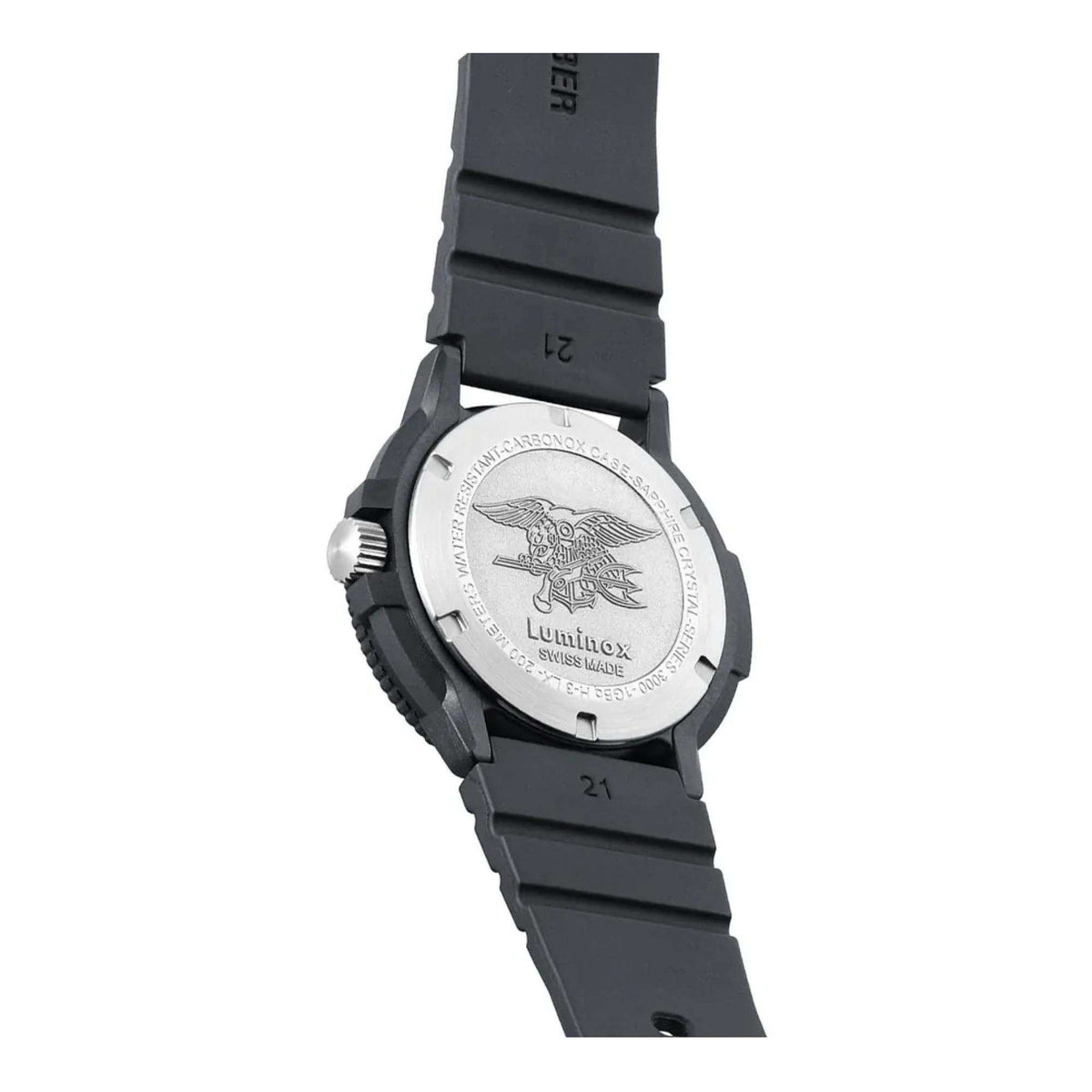 Men's quartz watch caseback with engraved emblem and black rubber strap