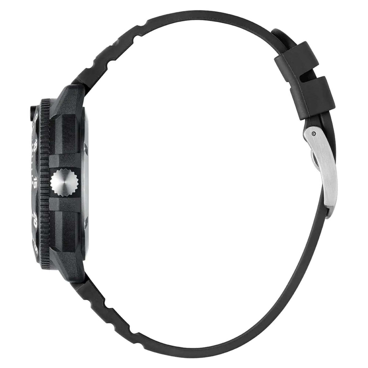 Men's dive watch with black rubber strap and round black bezel, side profile