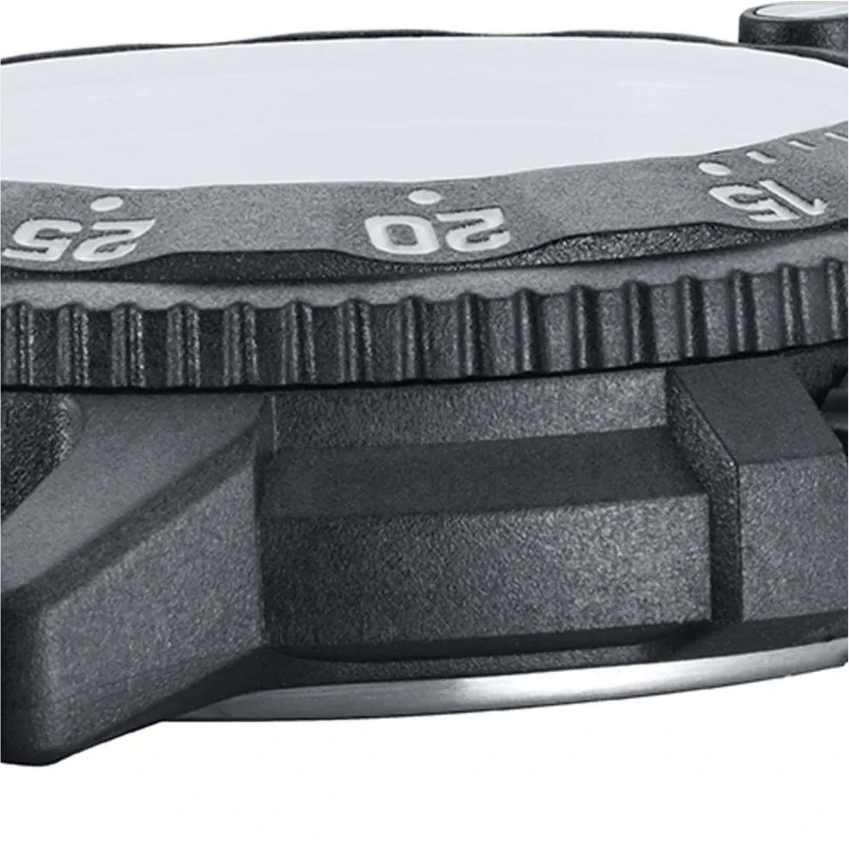 Black dive watch bezel with raised minute markers and rugged case