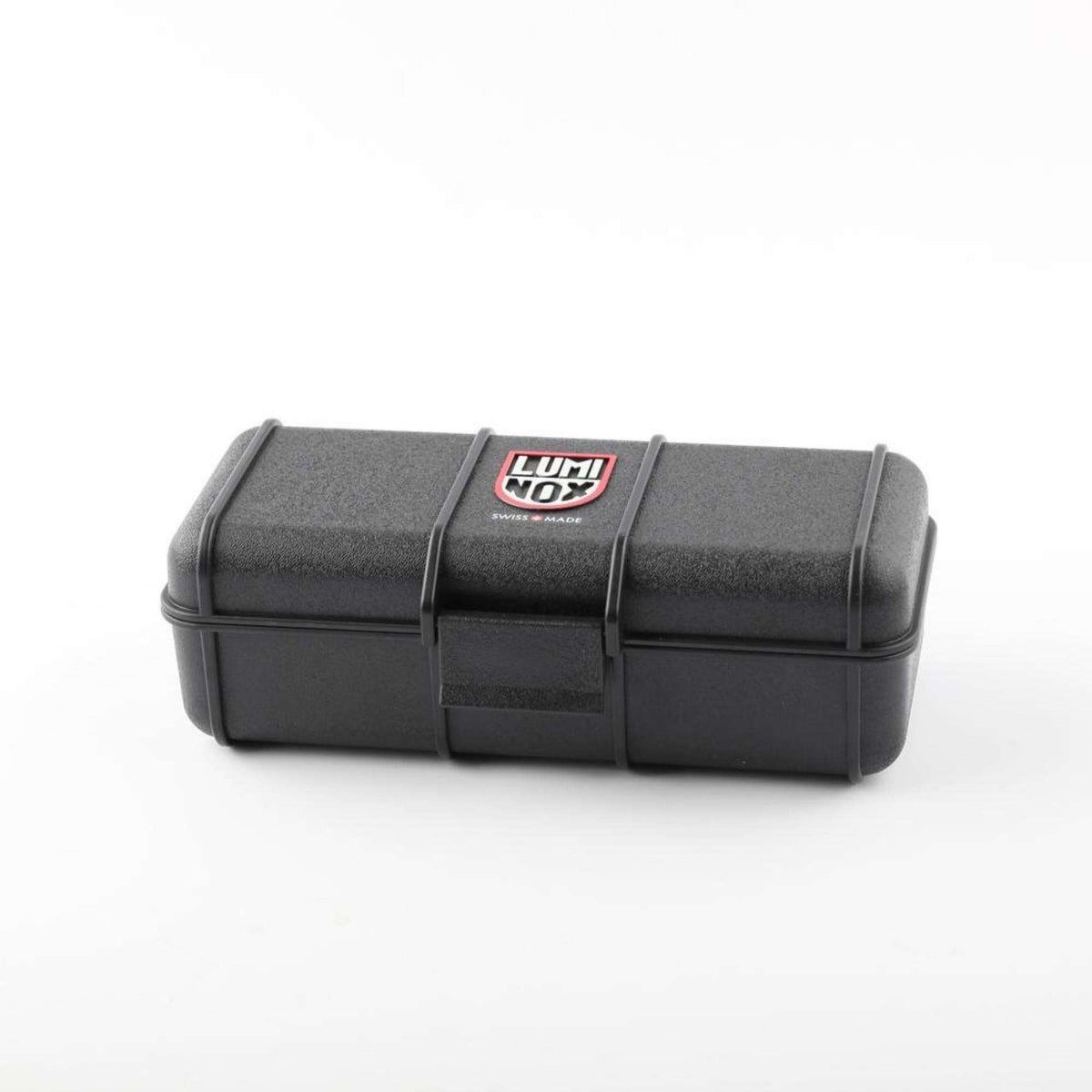Black watch storage case with LUMINOX logo on top