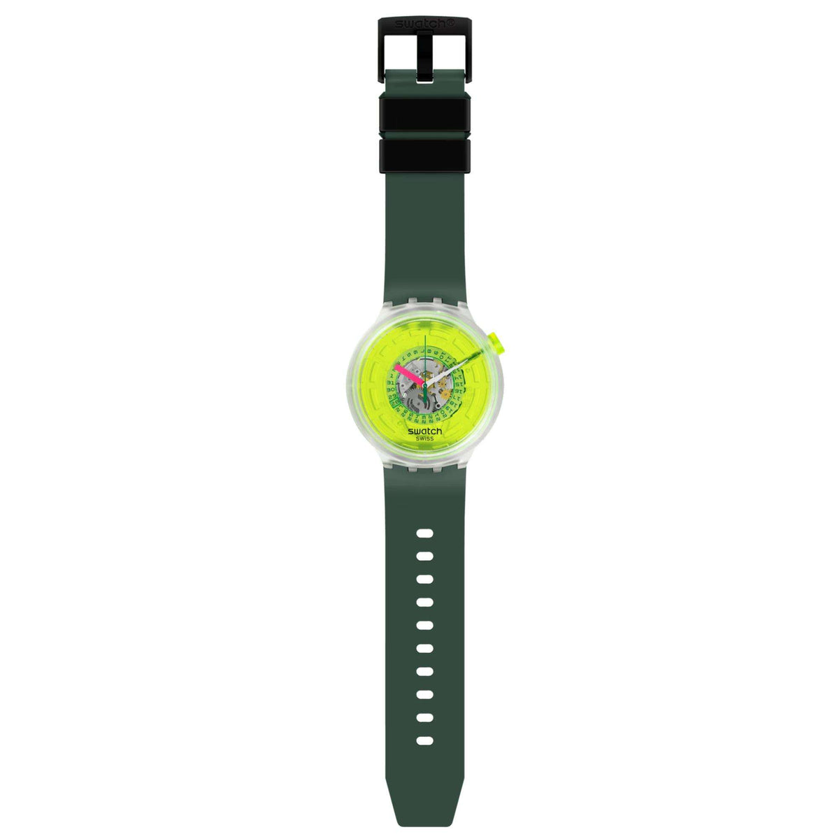 Swatch neon quartz watch, side view on dark green strap with buckle and case