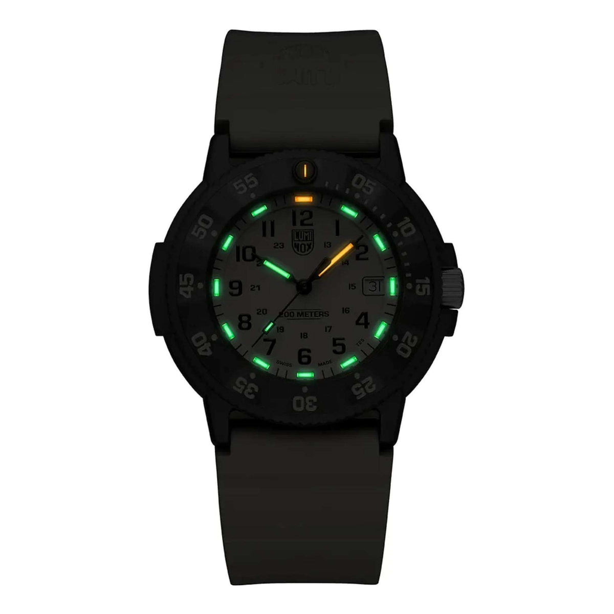 Luminox Sea Original Navy SEAL 3000 Evo XS.3010.EVO.S glowing illuminated night view of the watch face in low light