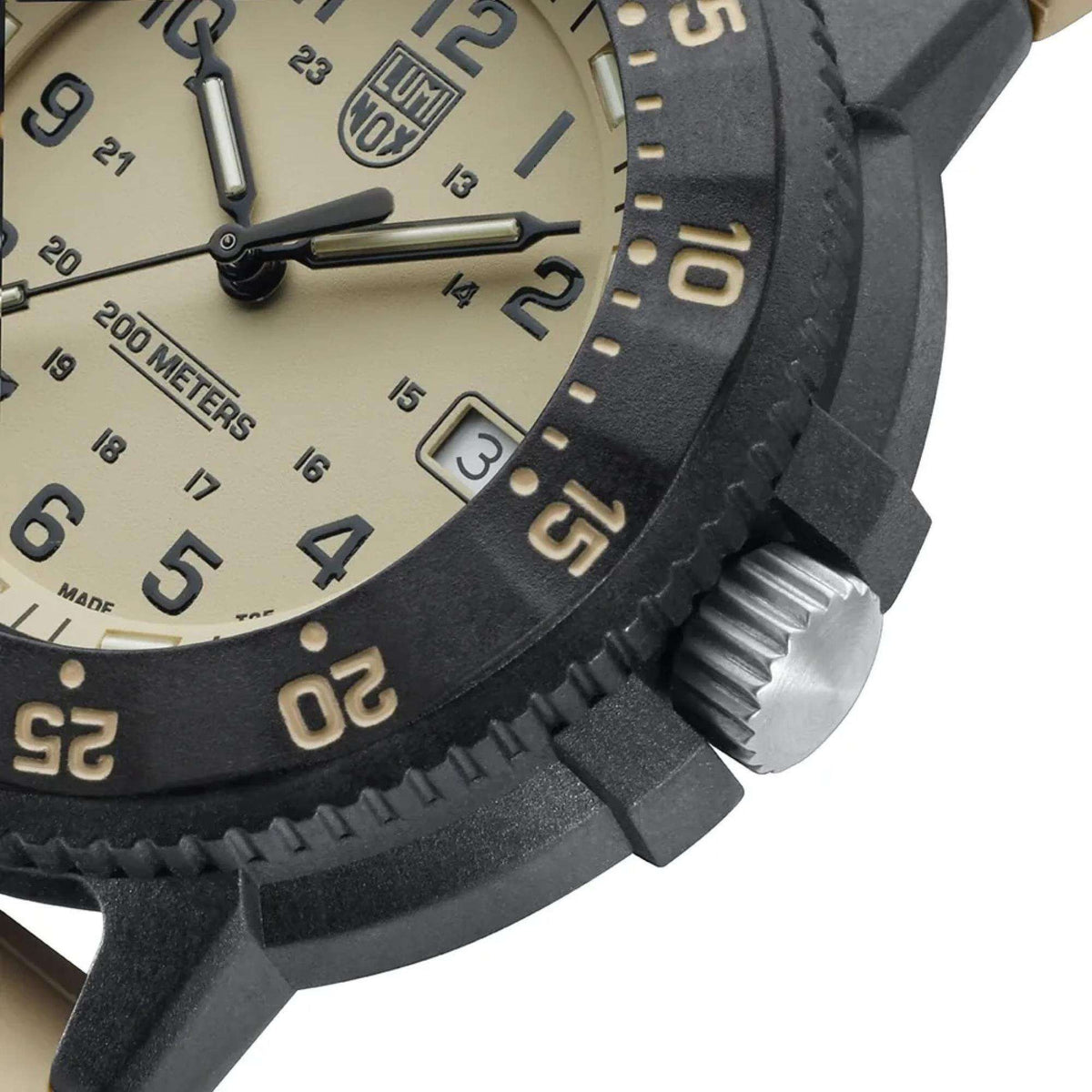 Macro detail of the crown and textured bezel on the Luminox Sea Original Navy SEAL 3000 Evo XS.3010.EVO.S timepiece