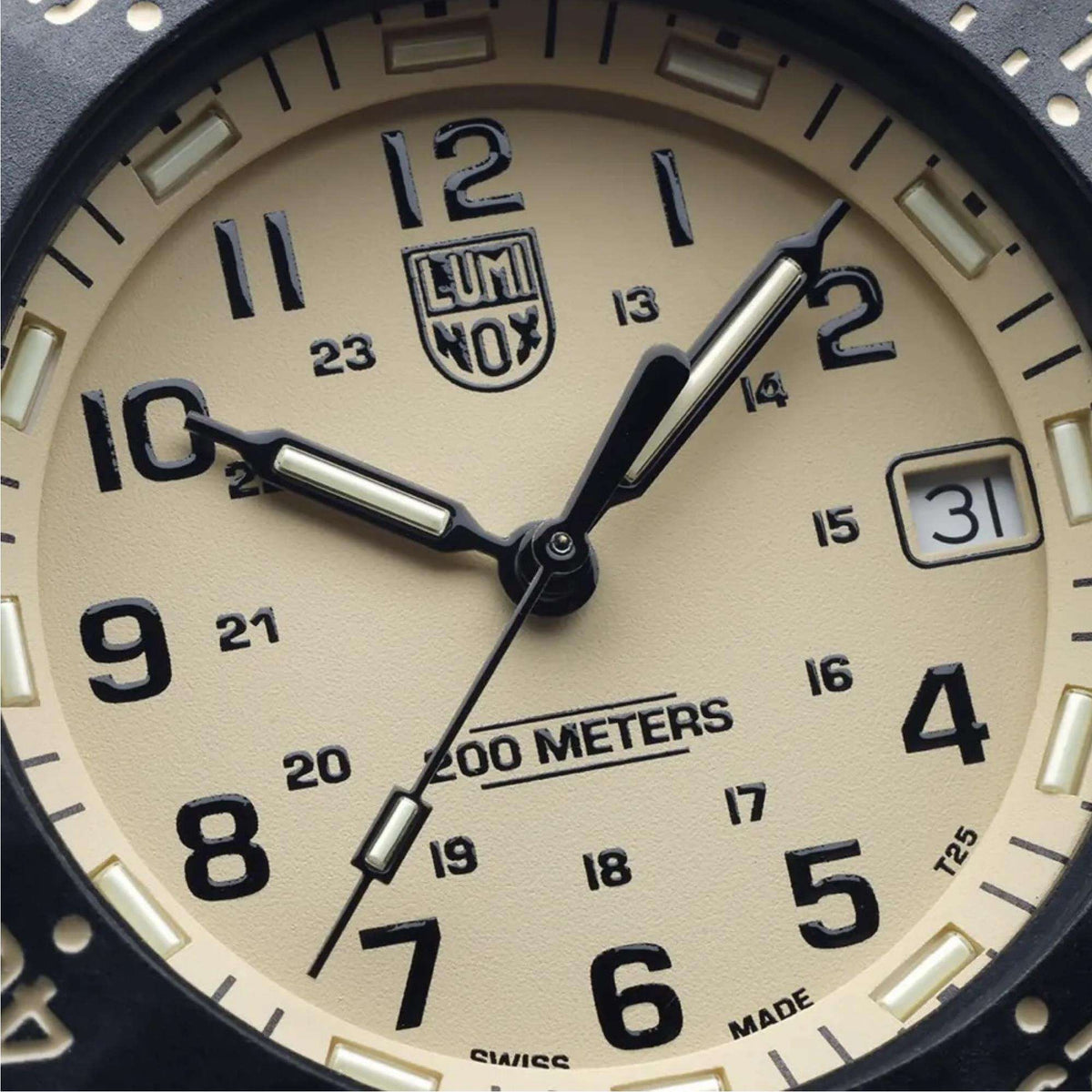 Close-up of the beige dial, hands, and date window on the Luminox Sea Original Navy SEAL 3000 Evo XS.3010.EVO.S