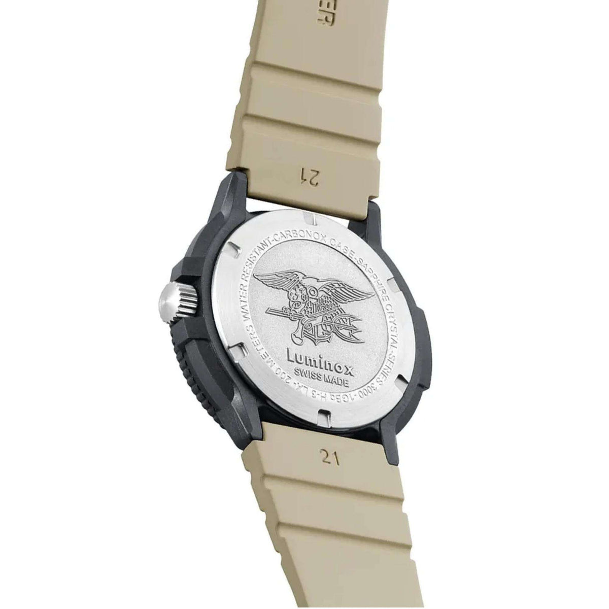 Engraved caseback displaying the Navy SEAL trident insignia on the Luminox Sea Original Navy SEAL 3000 Evo XS.3010.EVO.S