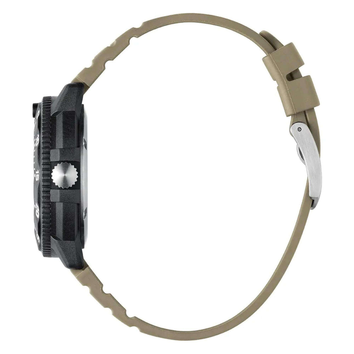 Side profile showing the case thickness and tan rubber strap profile of the Luminox Sea Original Navy SEAL 3000 Evo XS.3010.EVO.S