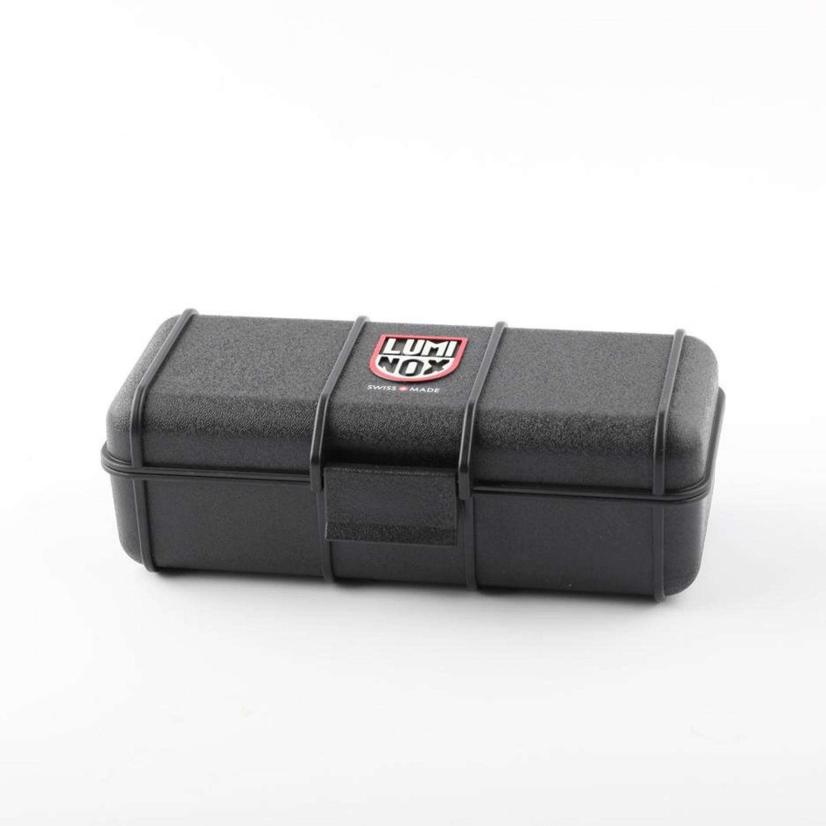 Luminox watch storage case with LUMINOX logo on textured black foam