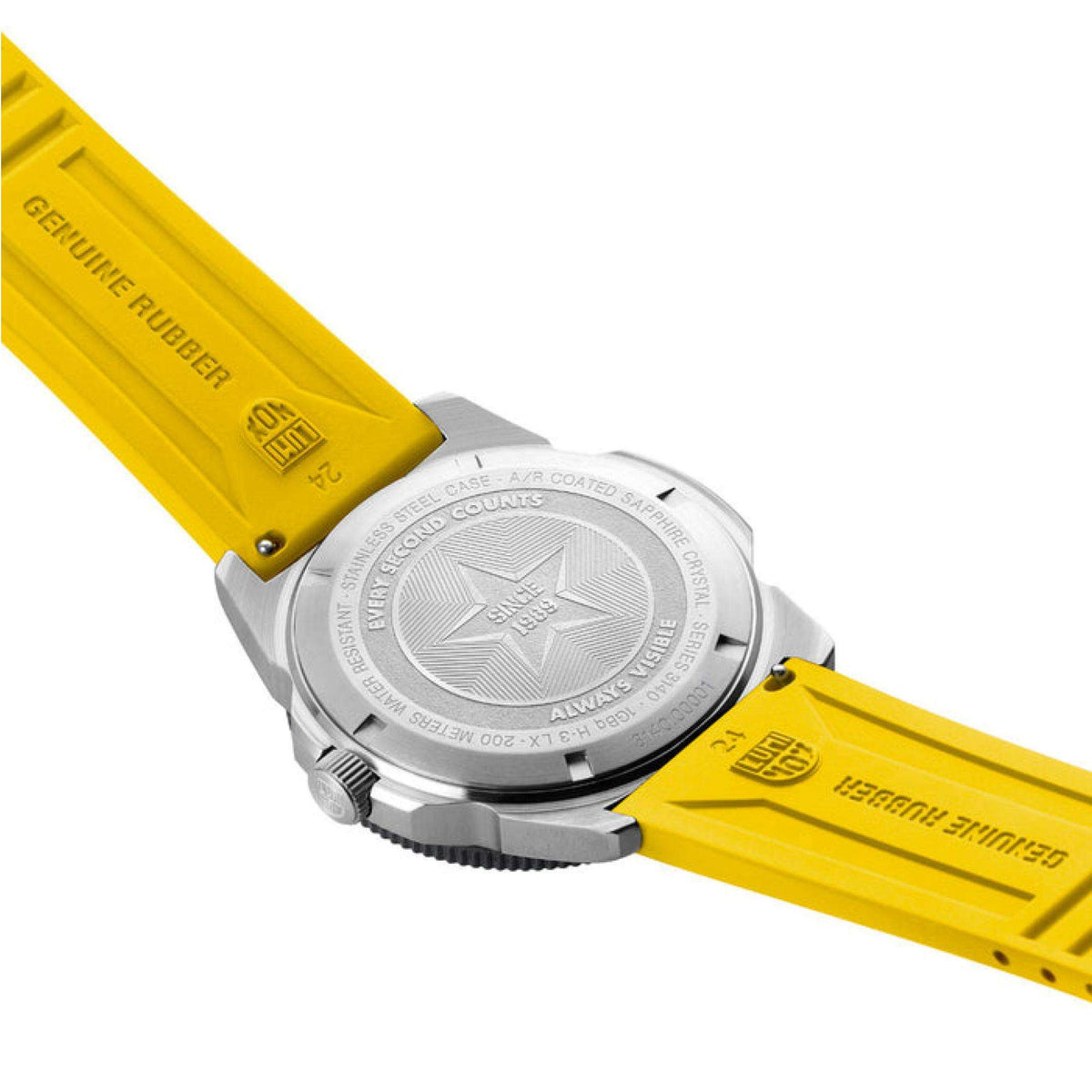 Luminox Pacific Diver 3120 Series XS.3125 view of engraved stainless steel case back and yellow rubber strap underside