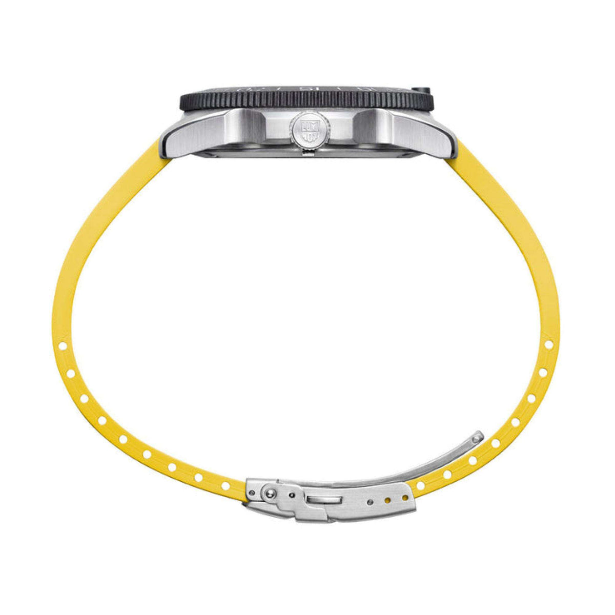 Luminox Pacific Diver 3120 Series XS.3125 side profile showing stainless steel case and yellow rubber strap closure
