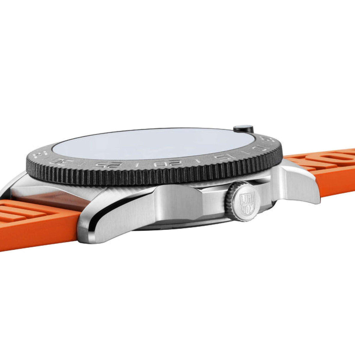 Diver watch side view with ridged bezel and orange rubber strap, stainless case