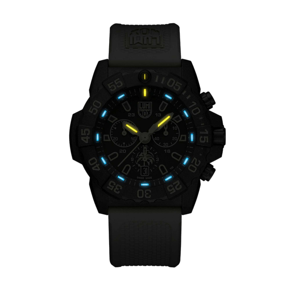 Luminox chronograph watch with black dial and luminous accents on black rubber strap