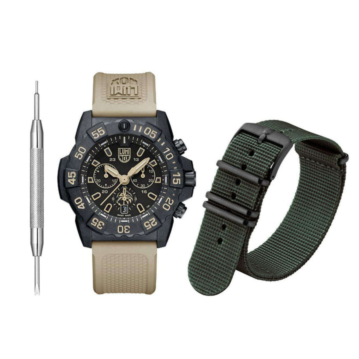 Luminox chronograph watch with tan rubber strap and matching green fabric wrist strap