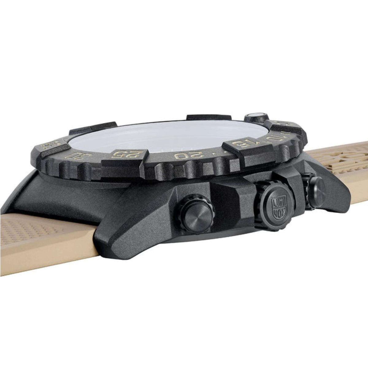 Luminox watch case close-up with crown buttons and textured tan rubber strap