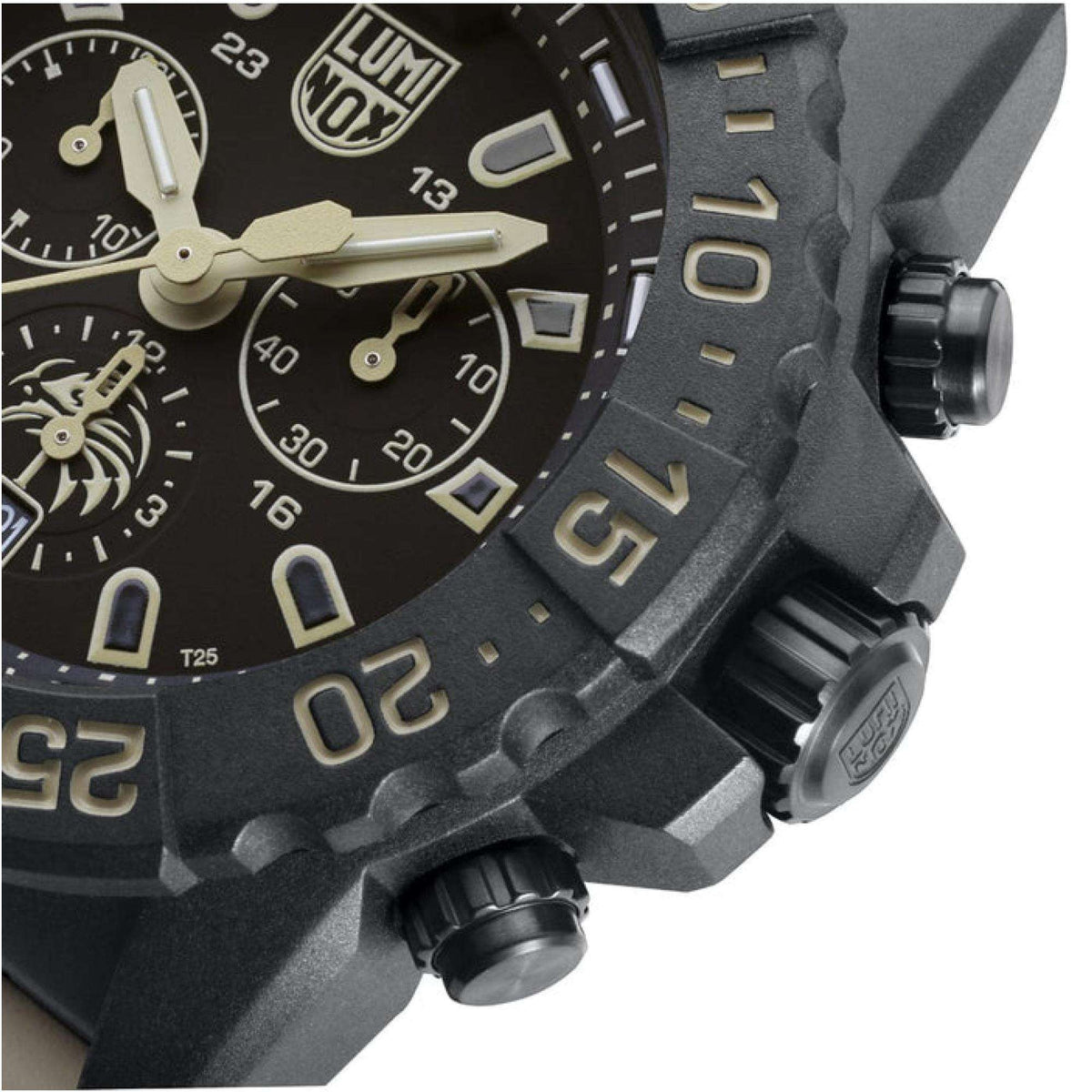 Luminox chronograph watch bezel and side buttons on black rubber