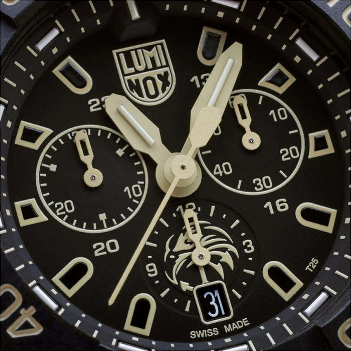 Close-up of Luminox chronograph dial with subdials, markers, and LUMINOX logo