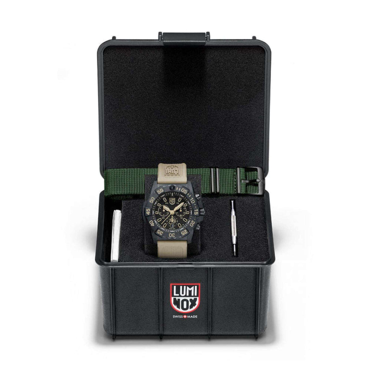 Luminox chronograph watch in black storage case with black dial and tools