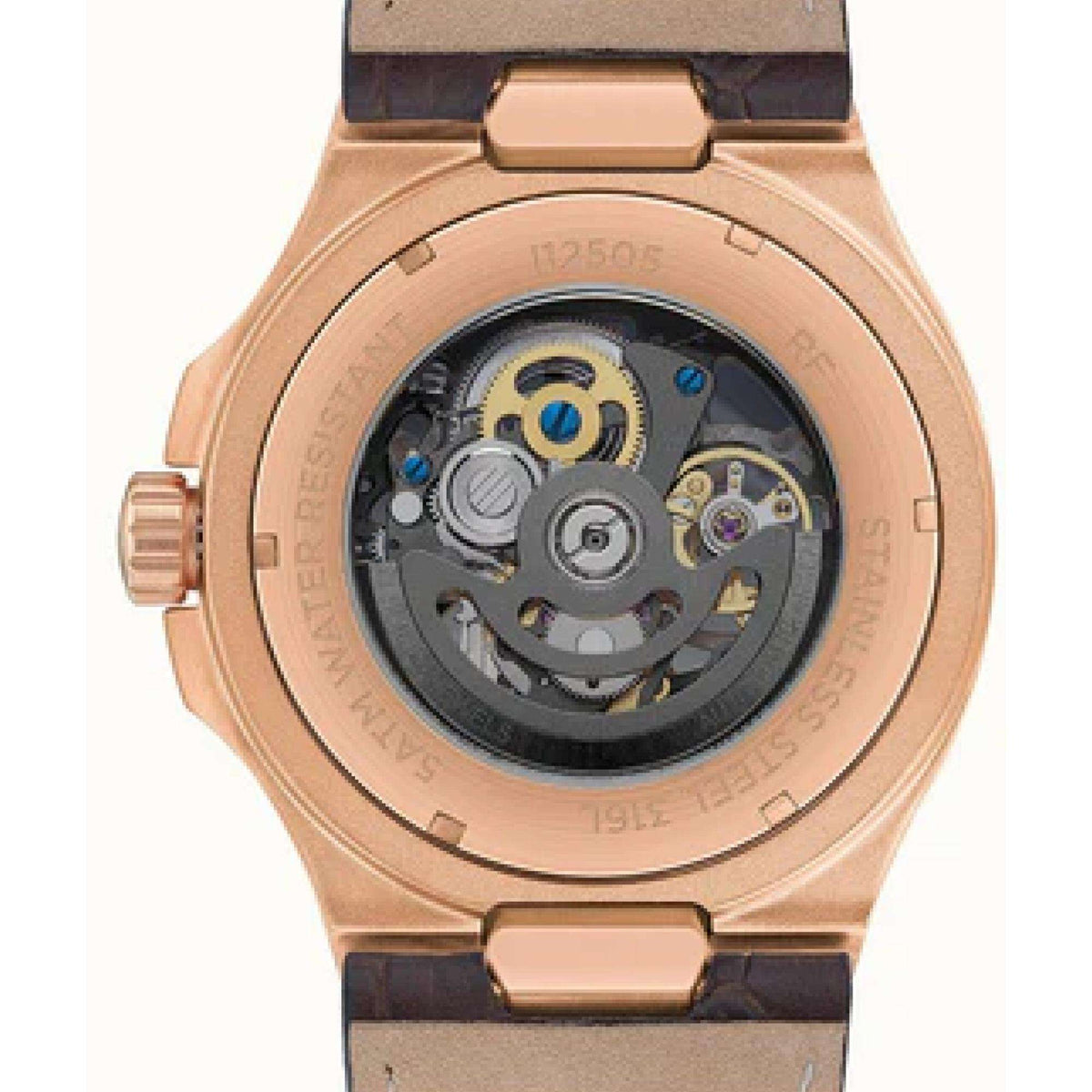 Rose gold watch back with visible mechanical movement and brown leather strap