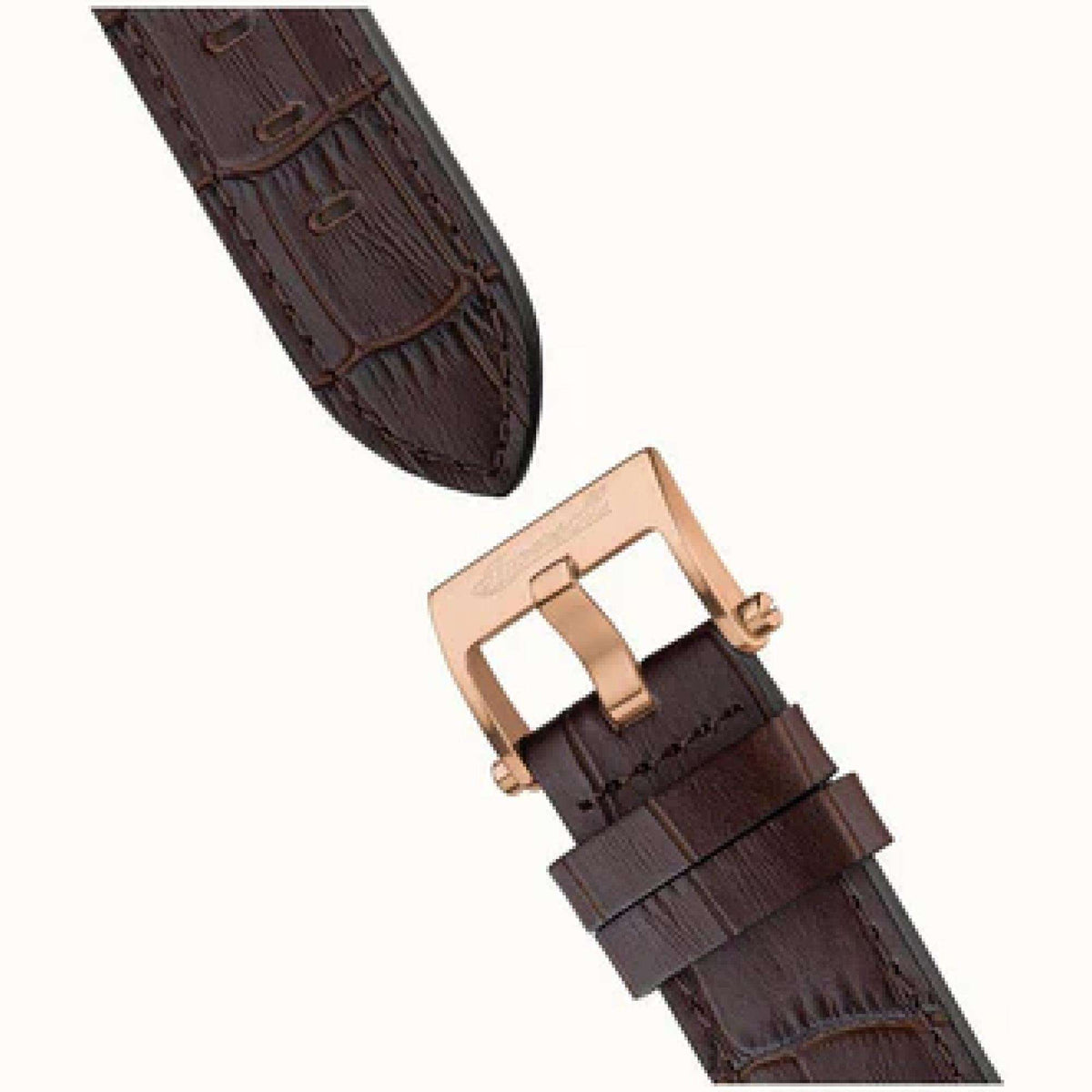 Brown croc-textured leather watch strap with rose-gold clasp