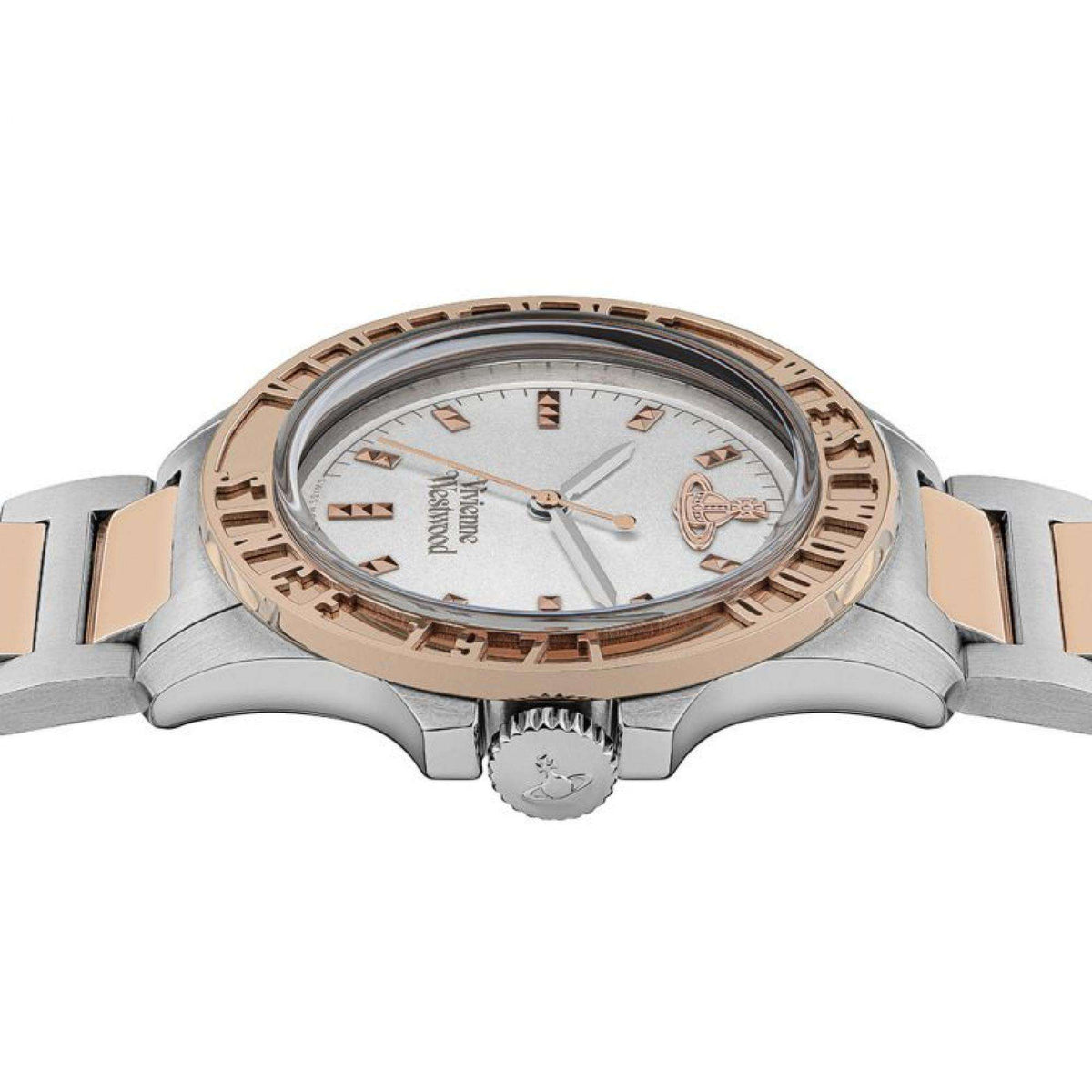 Sunbury quartz watch case view showing crown and decorative rose-gold bezel