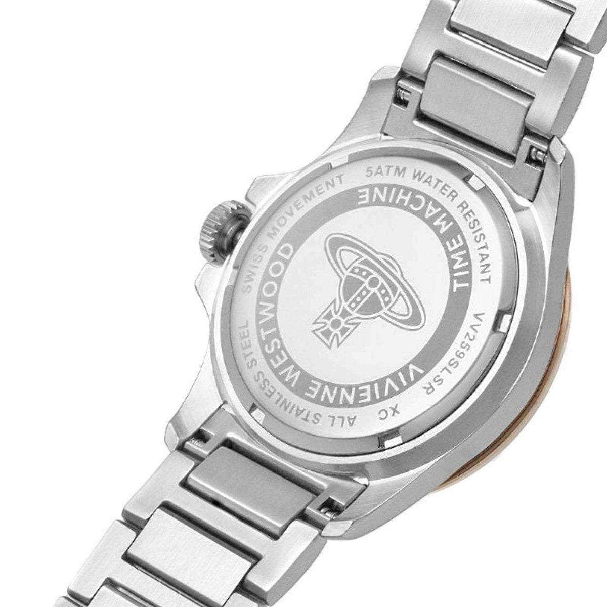Sunbury quartz watch case back with water resistant text and engraved icons