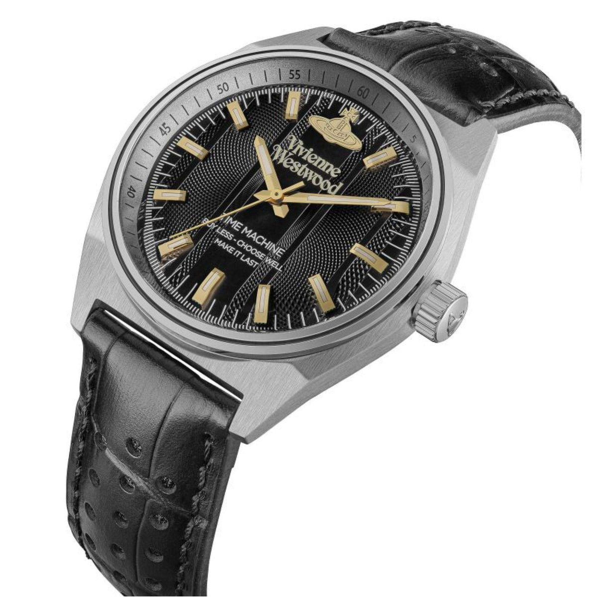 Men's quartz wristwatch angled view with black dial, gold-tone hands, and black leather strap
