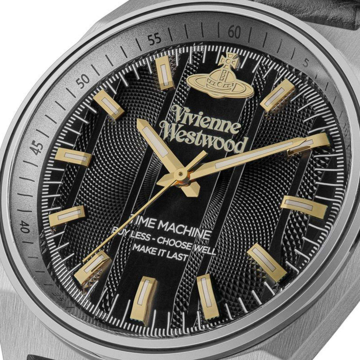 Quartz watch dial close-up with gold-tone hands and hour markers on a black textured face