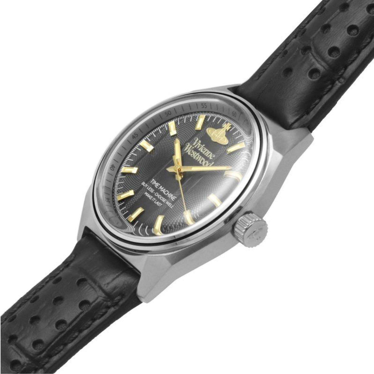 Men's quartz watch with black dial, gold-tone indices, and black leather strap