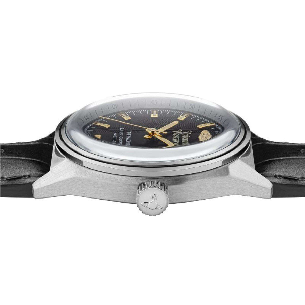 Quartz watch front view with black dial, gold accents, stainless steel case, and crown