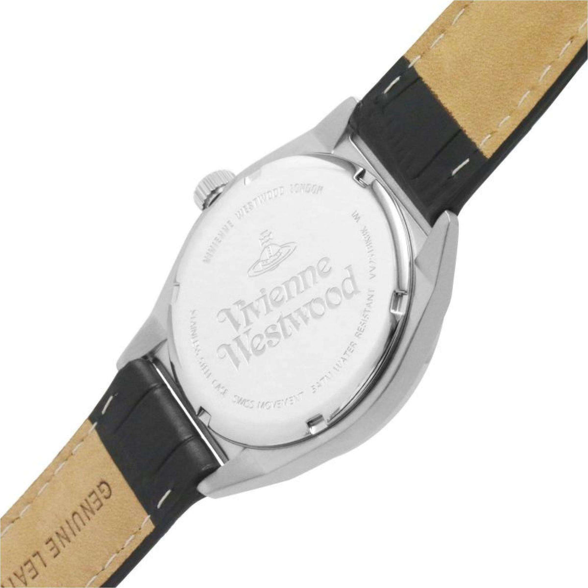 Silver-tone quartz watch caseback with engraved logo on black leather strap
