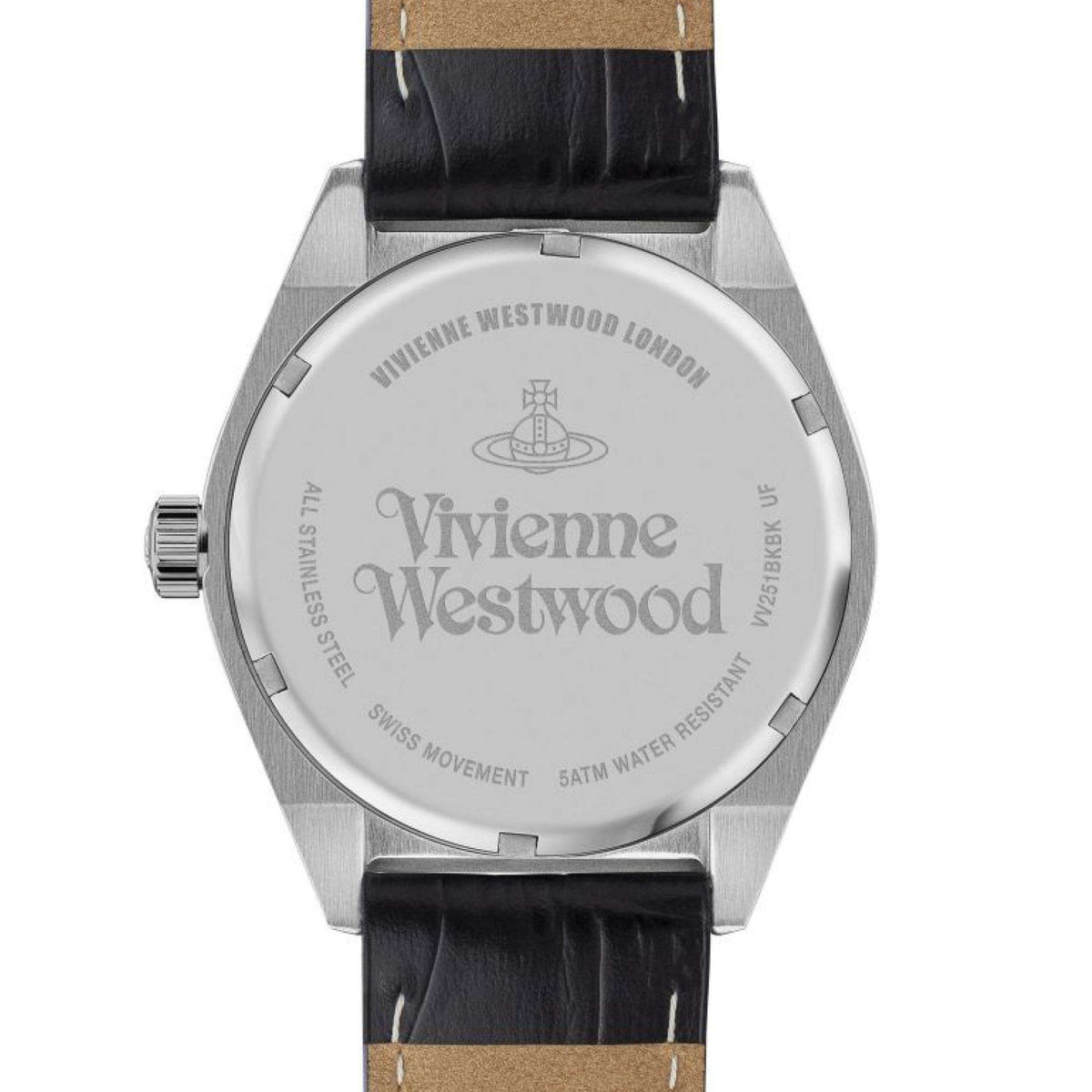 Quartz watch caseback with Vivienne Westwood branding on silver tone metal