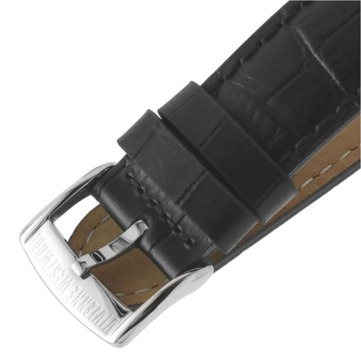 Black leather watch strap with metal buckle and stitching detail, silver case edge