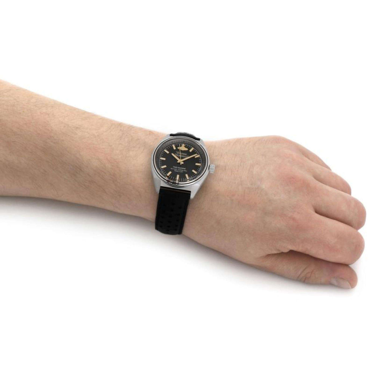 Quartz wristwatch worn on wrist with black dial and black leather strap
