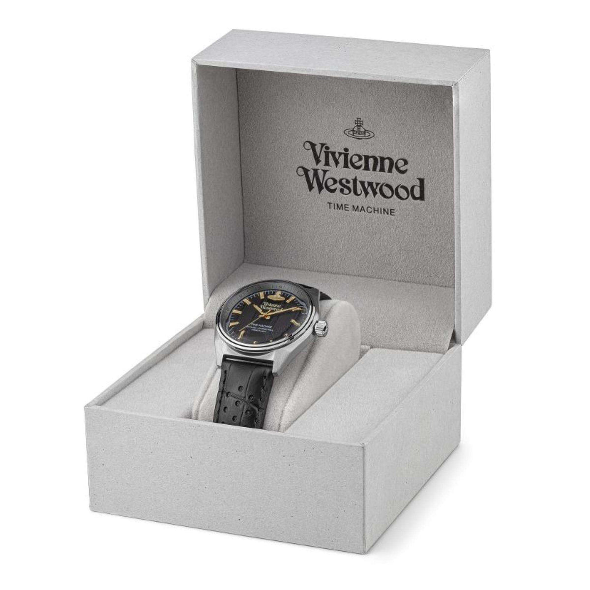 Vivienne Westwood quartz watch in open gift box with black dial and leather strap