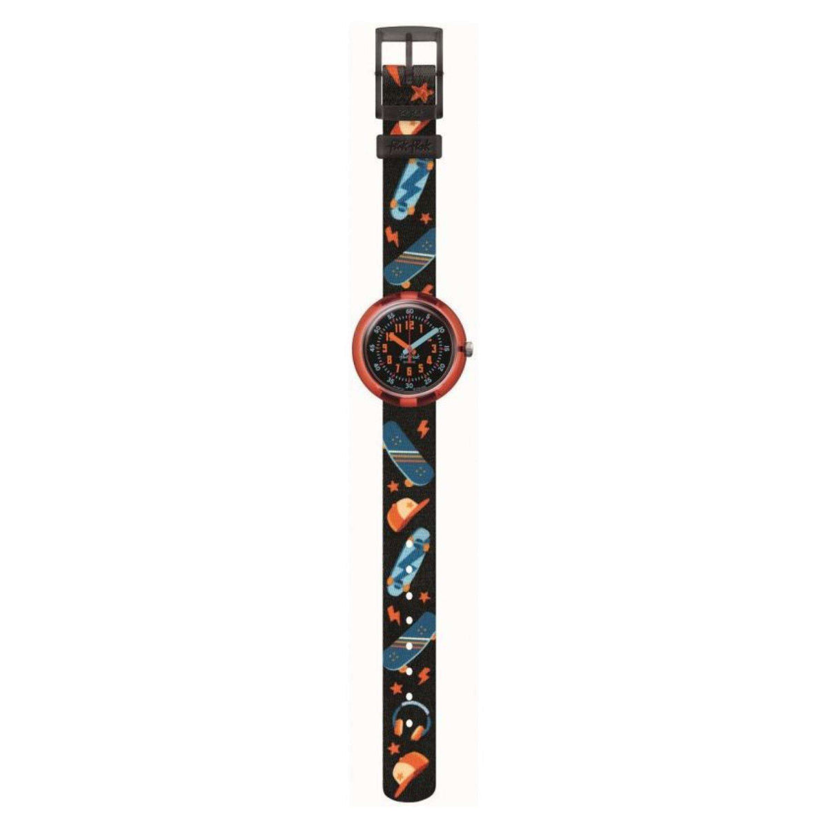 Full-length view of a sports watch with black strap featuring blue and orange pattern