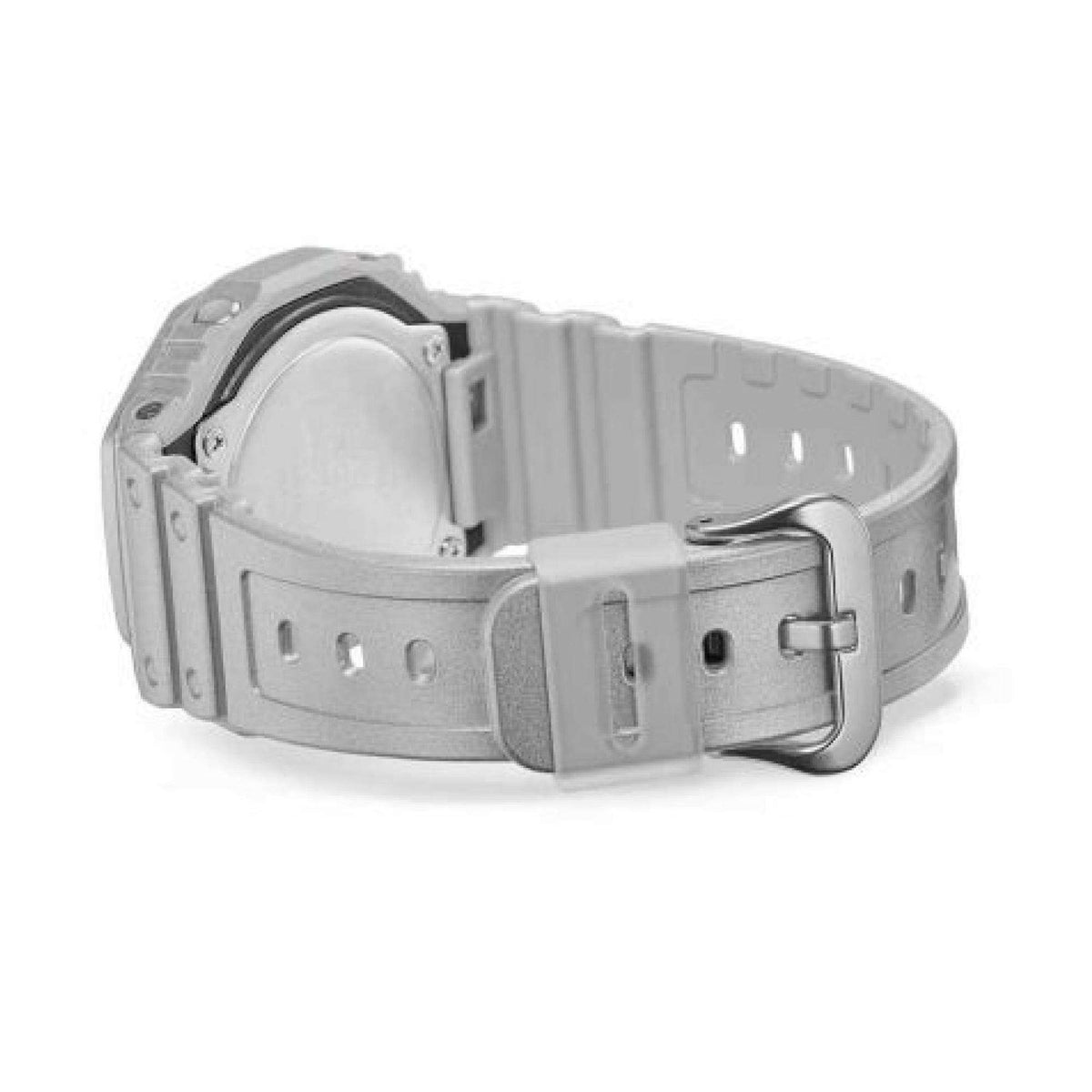 Silver G-Shock resin strap and buckle, watch underside view