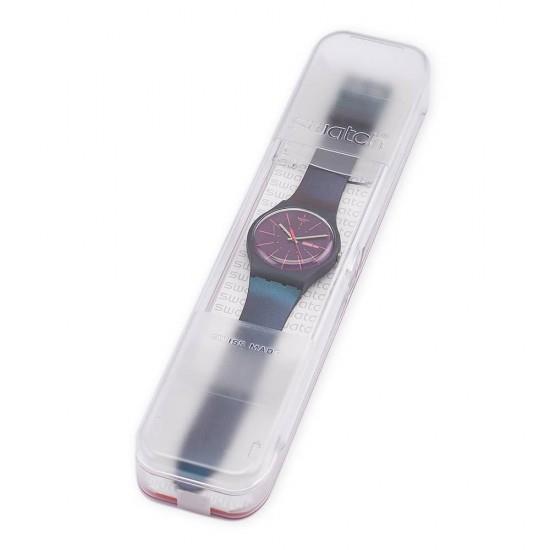 Men's chronograph watch in clear plastic case, blue dial visible through window