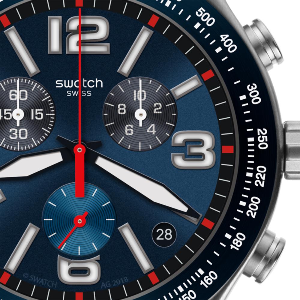 Blue tachymeter chronograph watch close-up, silver hands, red seconds and date 28